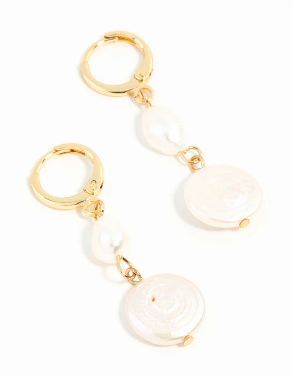 Gold Plated Multi Freshwater Pearl Huggie Earrings