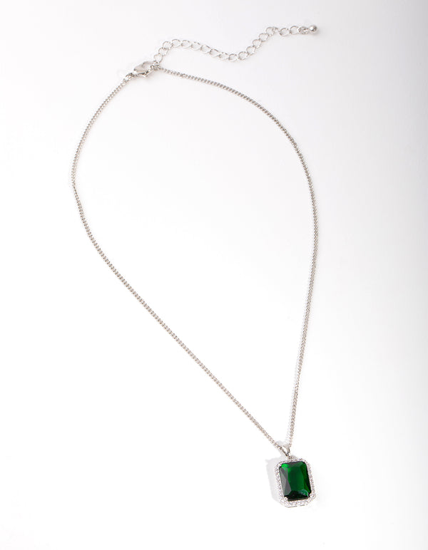 Silver Diamond Simulant Emerald Rectangle Necklace