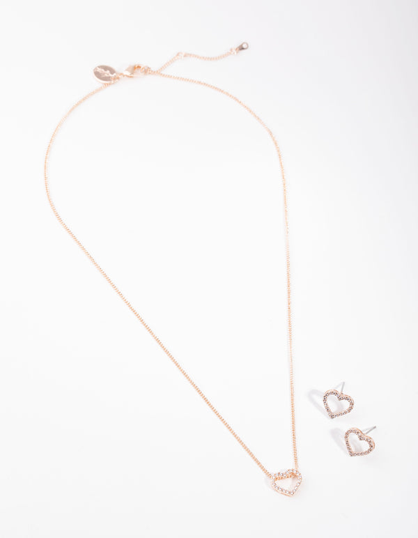 Rose Gold Diamond Simulant Heart Necklace & Earrings Set