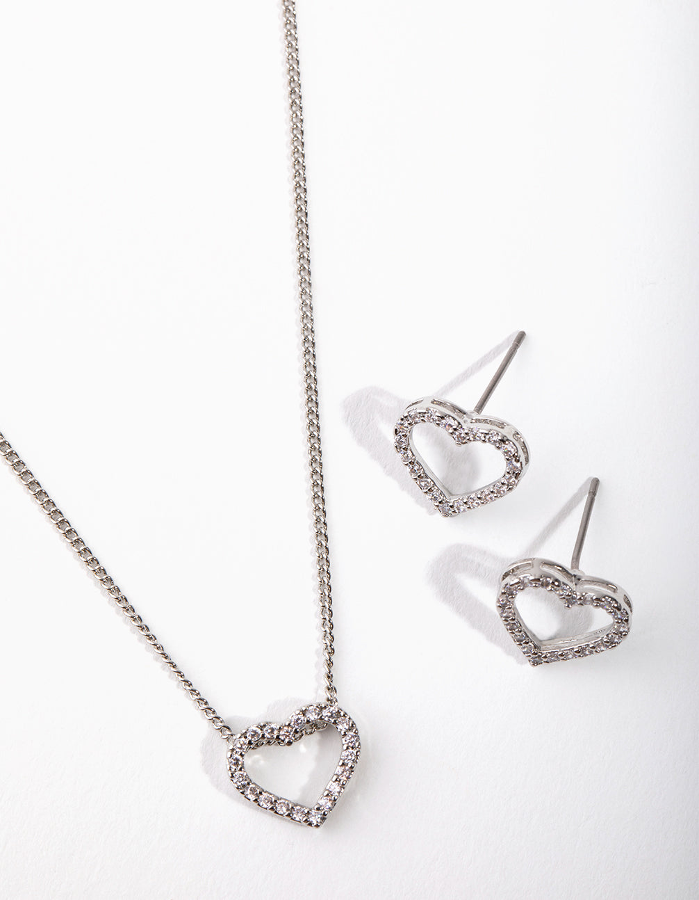 Silver Diamond Simulant Heart Necklace & Earrings Set