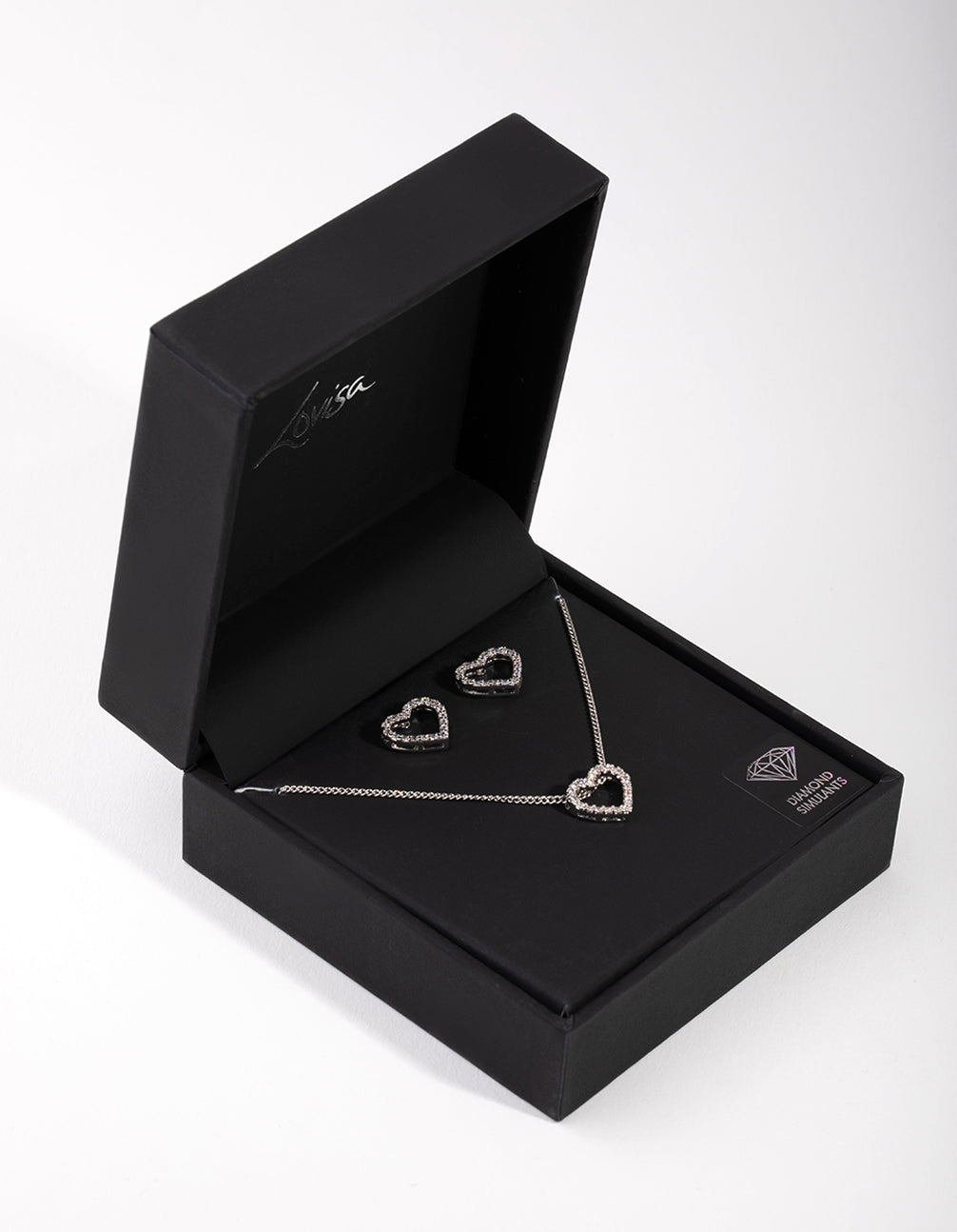 Silver Diamond Simulant Heart Necklace & Earrings Set