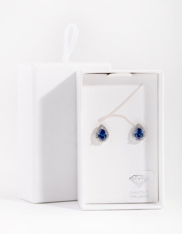 Cubic Zirconia Silver Pear Halo Stud Earrings