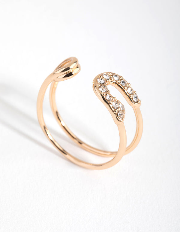 Gold Diamante Safety Pin Ring