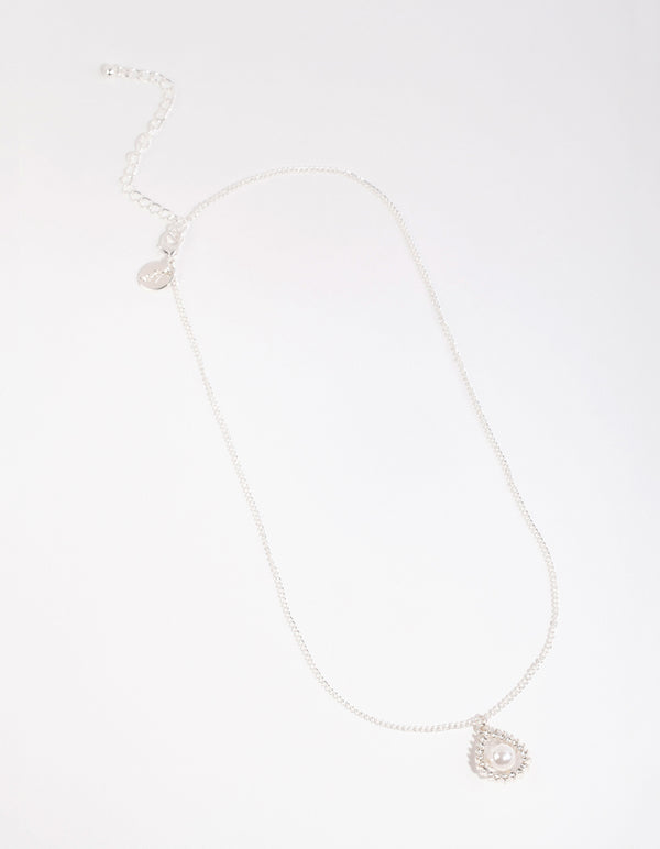 Silver Diamante Open Pear Pearl Necklace
