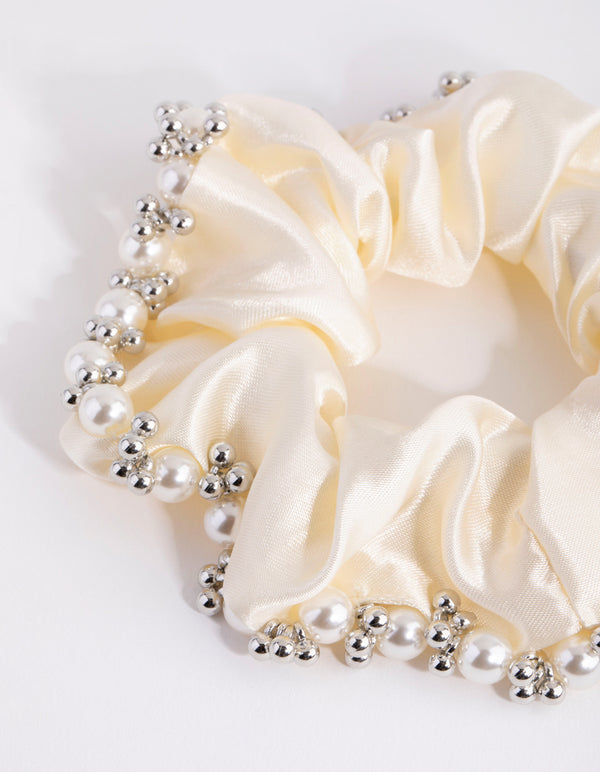 Embellished Cream Satin Scrunchie