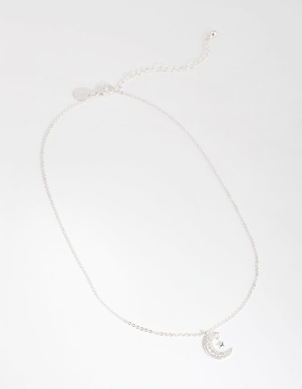 Silver Cubic Zirconia Moon & Star Necklace