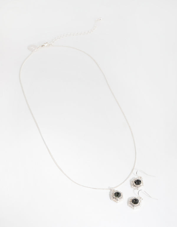 Silver Hexagon Halo Necklace & Earrings Set