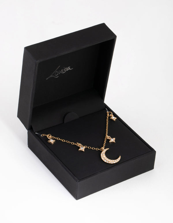 Gold Star & Moon Diamante Necklace