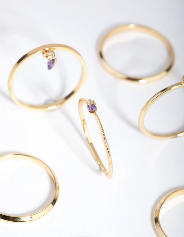 18ct Gold Plated February Amethyst Cubic Zirconia Ring 7-Pack