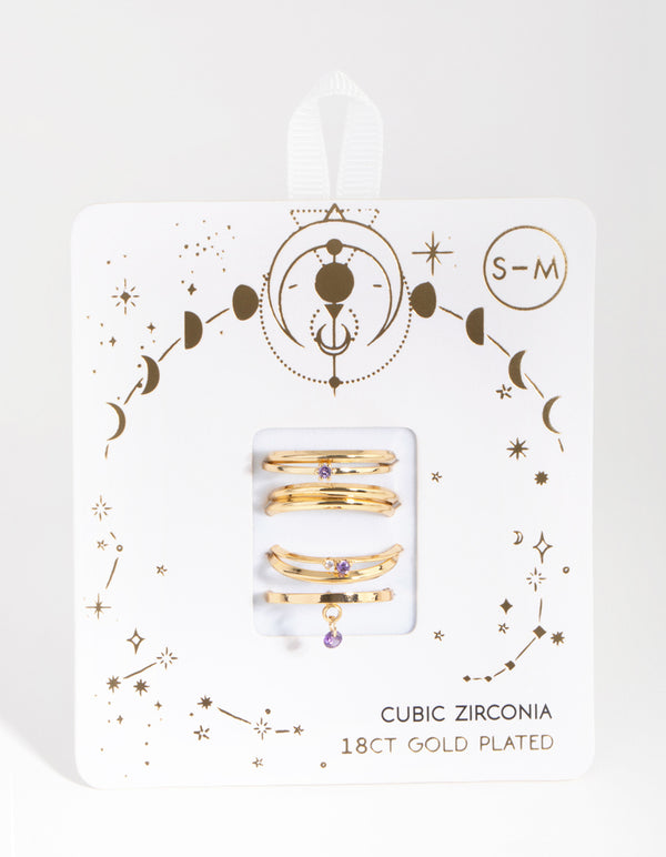 18ct Gold Plated February Amethyst Cubic Zirconia Ring 7-Pack