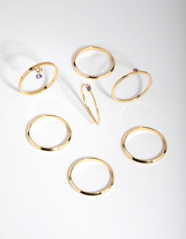 18ct Gold Plated February Amethyst Cubic Zirconia Ring 7-Pack