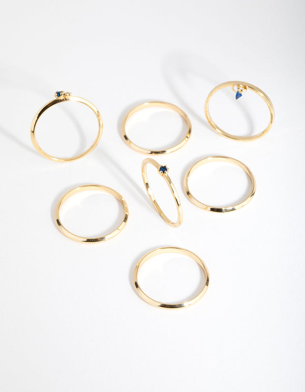 18ct Gold Plated September Sapphire Cubic Zirconia Ring 7-Pack