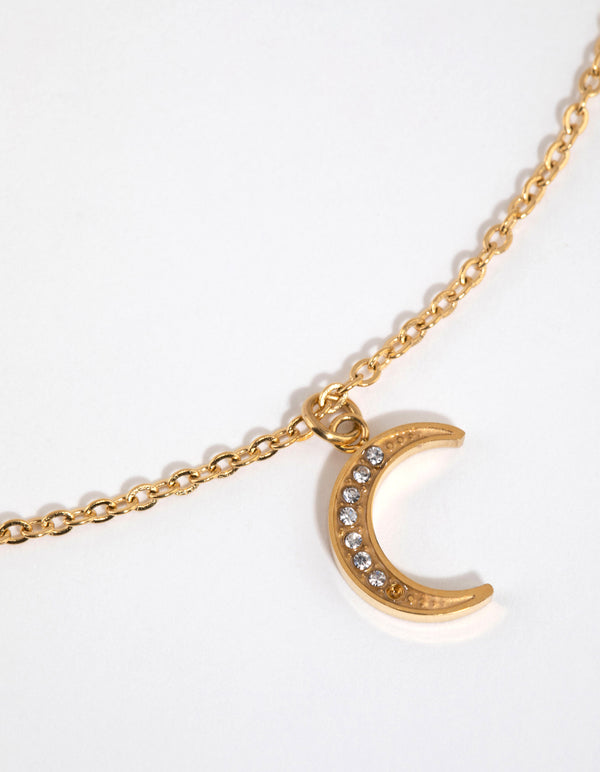 Gold Plated Surgical Steel Pave Moon Necklace