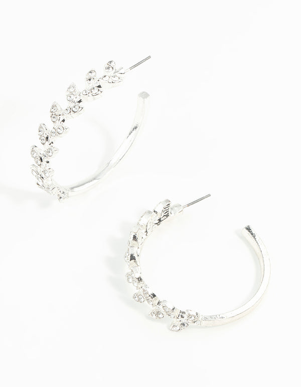Silver Diamante Leaf Patterned Hoop Earrings