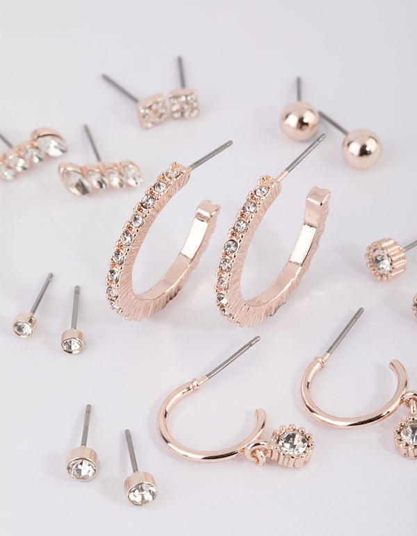 Rose Gold Plain Diamante Stud Earring Pack