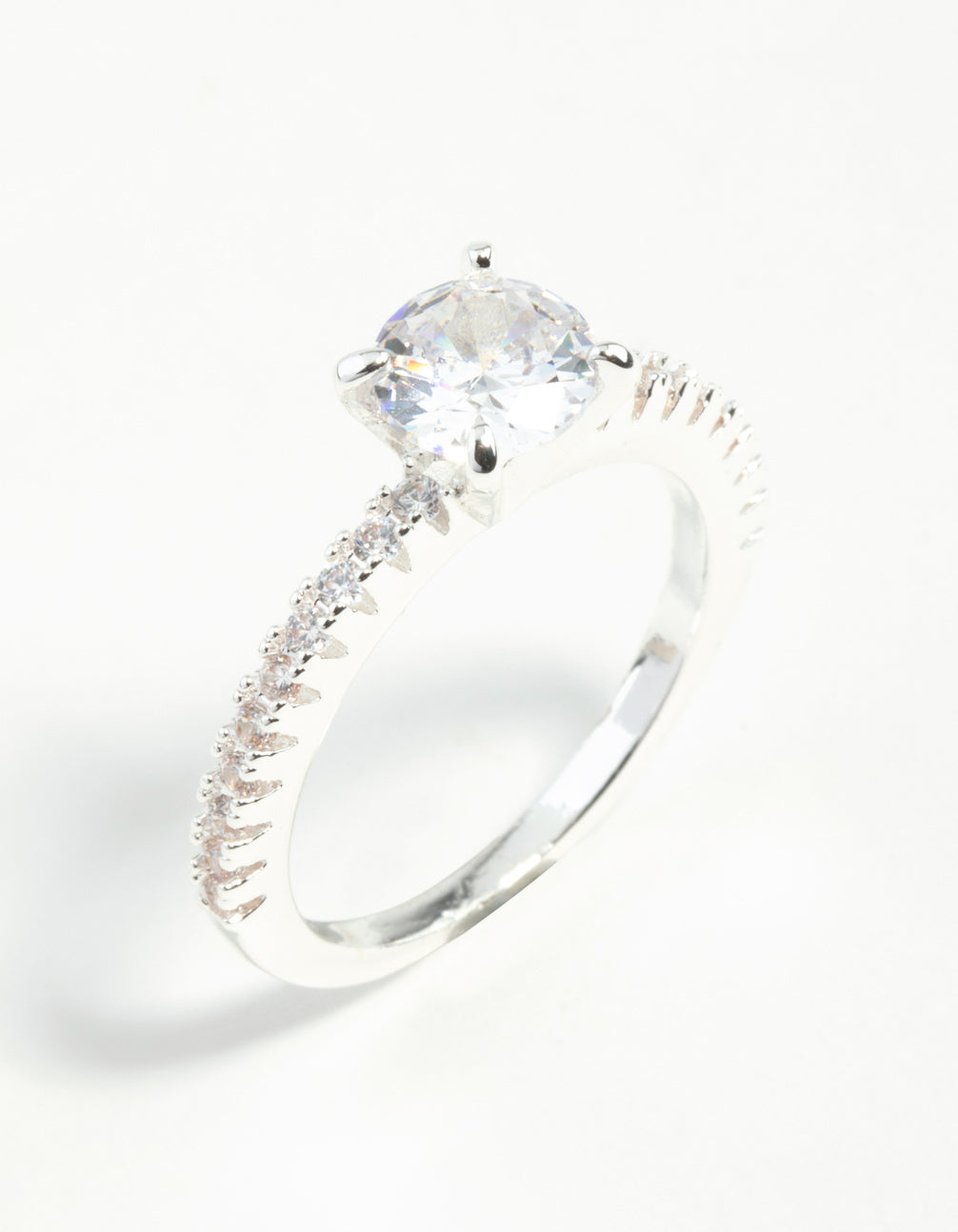 Silver Plated Round Cubic Zirconia Textured Band Ring