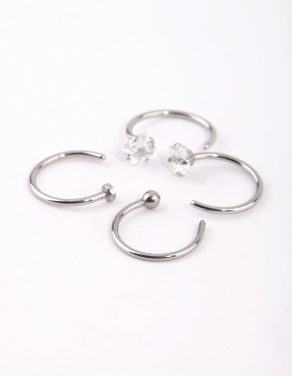 Surgical Steel Silver Martini Set Diamante Nose Ring 4-Pack