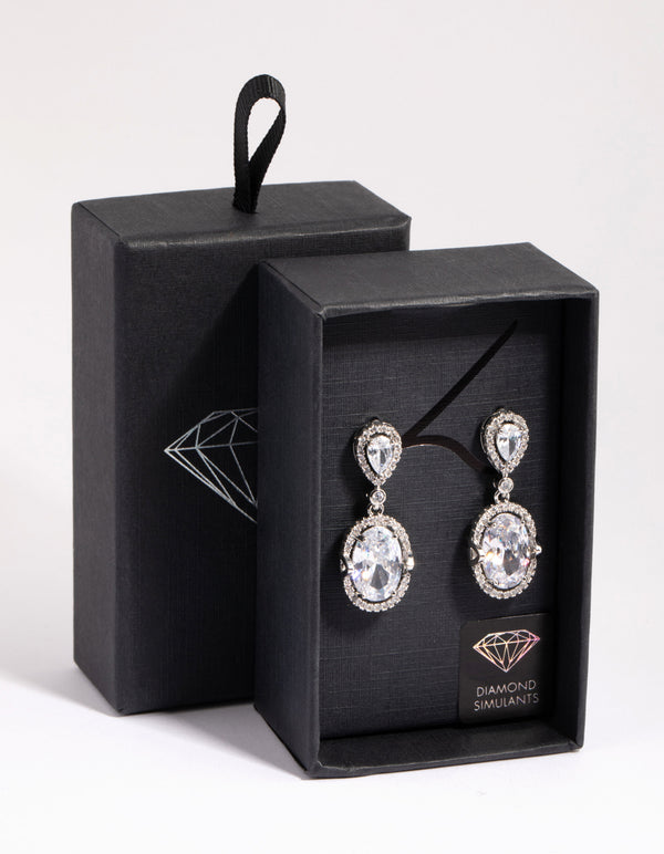 Rhodium Diamond Simulant Oval Drop Earrings