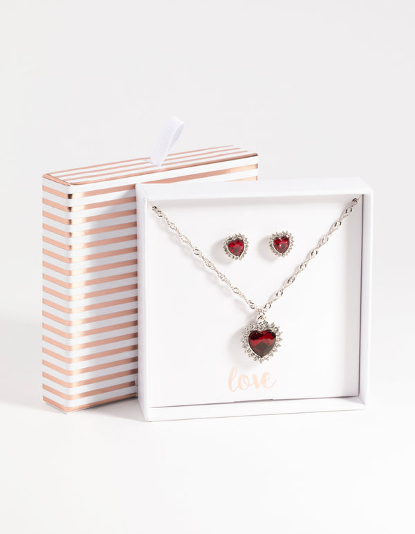 Silver Ruby Heart Necklace & Earring Set