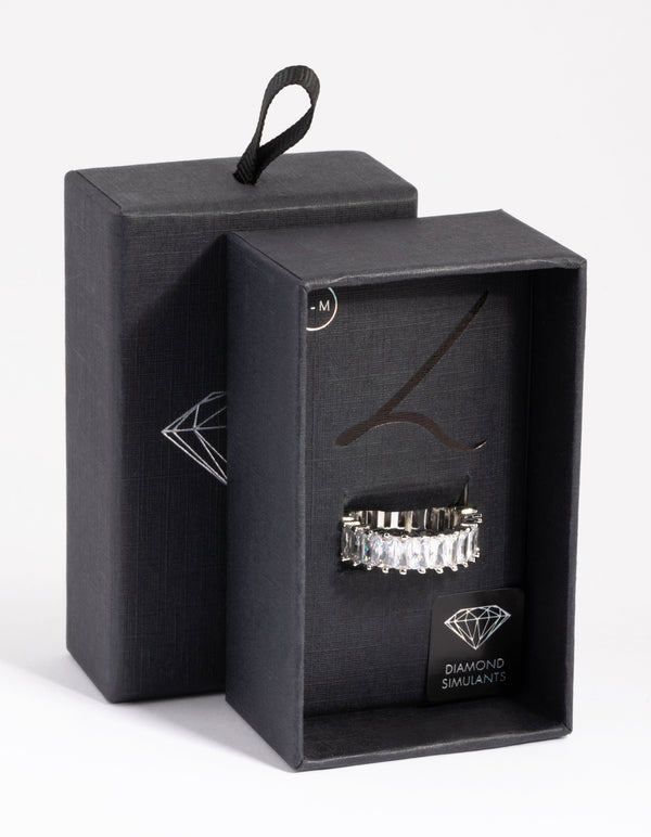 Rhodium Diamond Simulant Baguette Ring