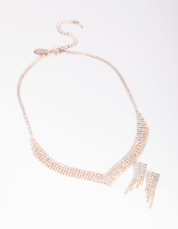 Rose Gold Diamond Simulant Necklace & Earrings Set