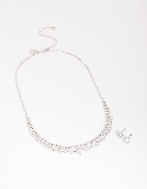 Silver Diamond Simulant Marquise Necklace & Earrings Set