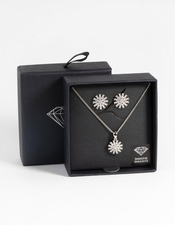 Rhodium Diamond Simulant Floral Necklace & Earrings Set