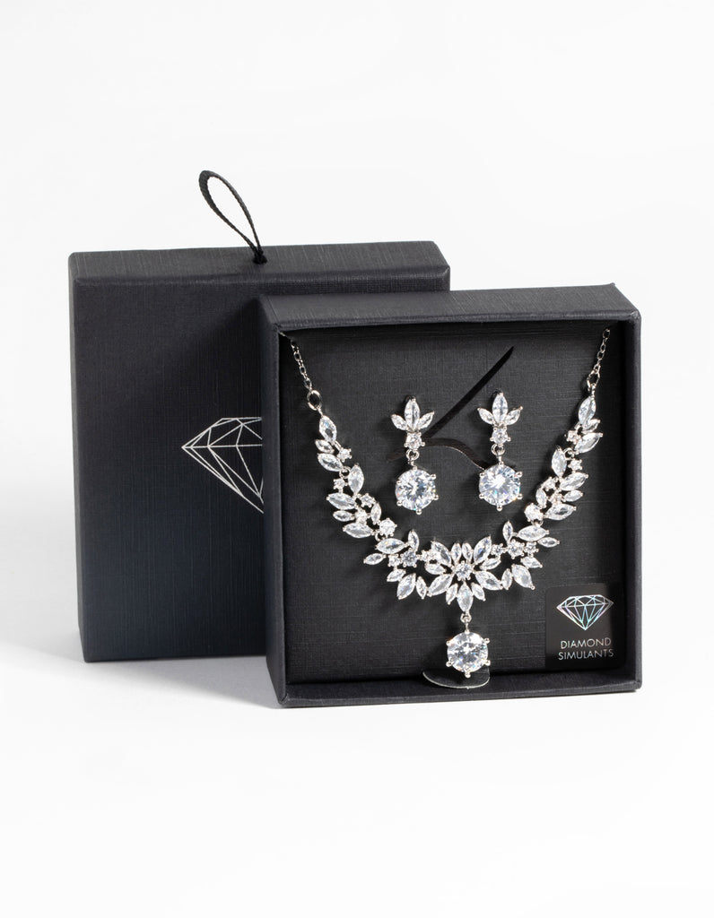 Silver Diamond Simulant Navette Necklace Earrings Set Lovisa