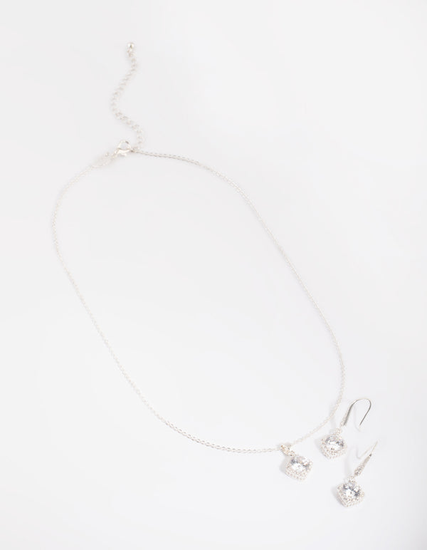 Silver Square Cut Cubic Zirconia Necklace & Earrings Set