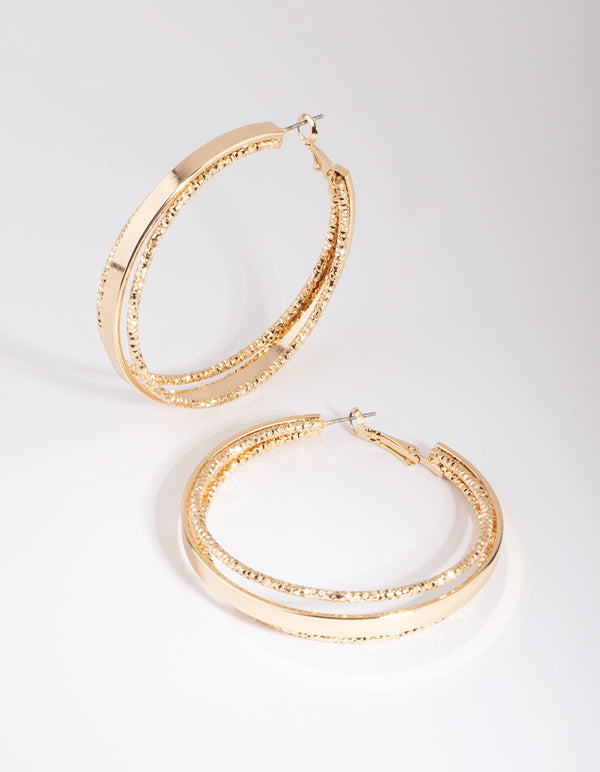 Gold Triple Textured Hoop Earrings