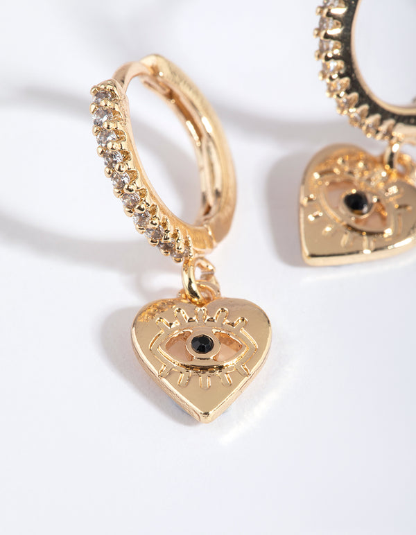 Gold Evil Eye & Heart Huggie Hoop Earrings