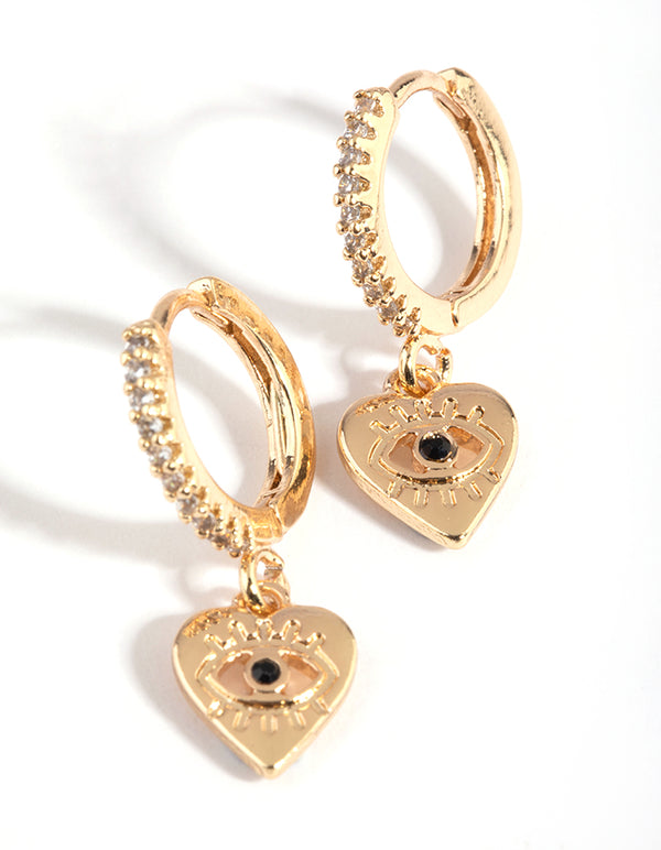 Gold Evil Eye & Heart Huggie Hoop Earrings