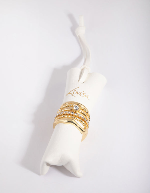 Gold Plated Molten Diamante Ring 6-Pack