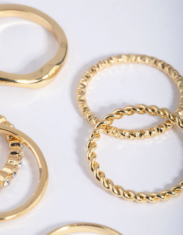 Gold Plated Molten Diamante Ring 6-Pack