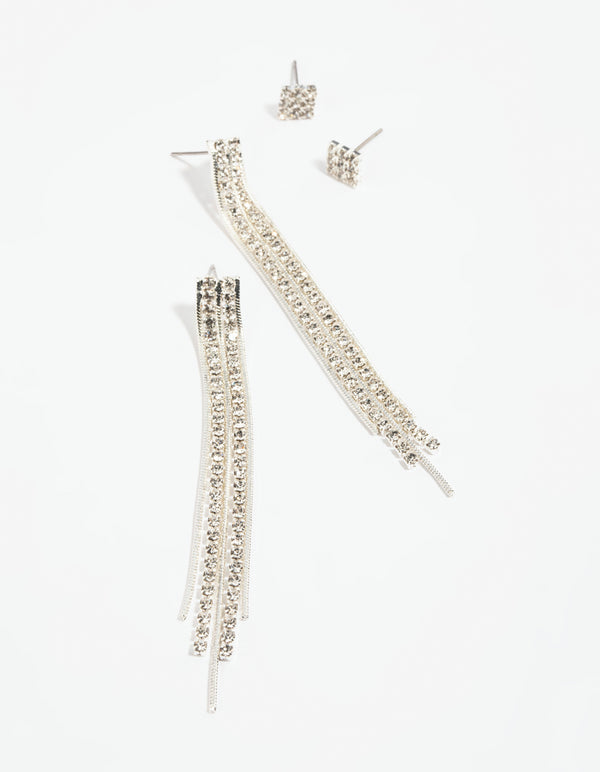 Silver Diamante Stud Earring Set