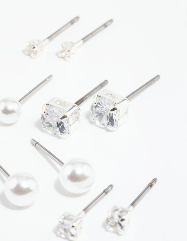 Silver Diamante Stud Earring 5-Pack
