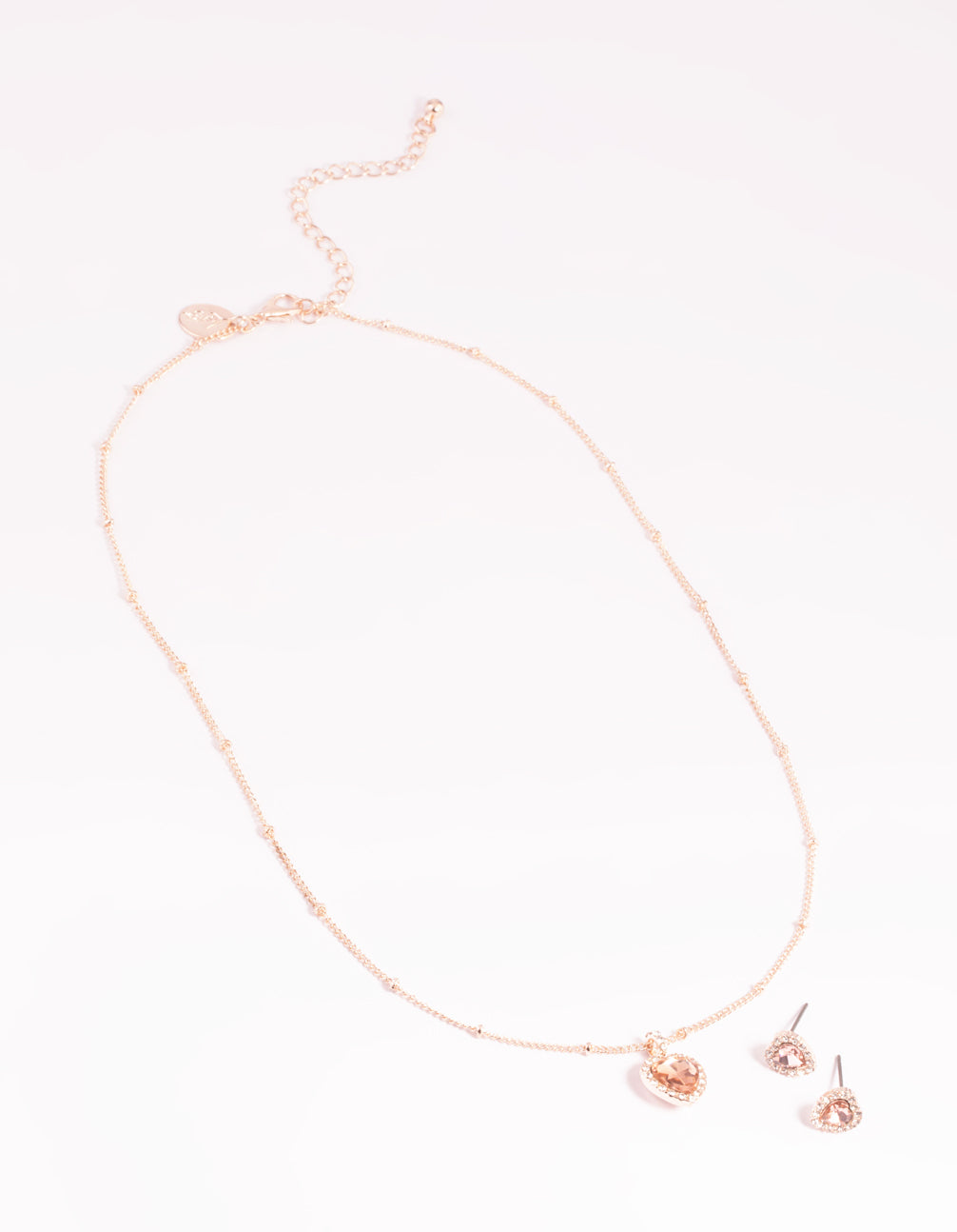 Rose Gold Heart Diamante Halo Necklace & Earrings Set
