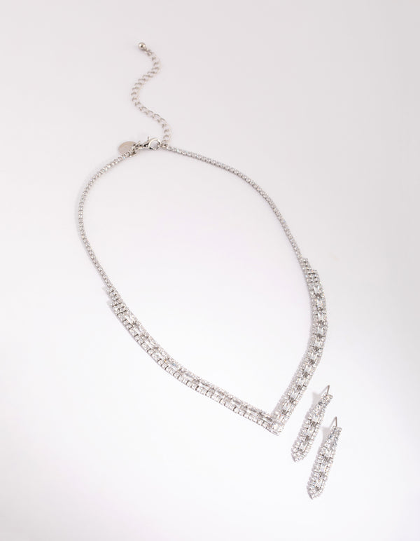 Silver Cubic Zirconia Statement Necklace & Earrings Set