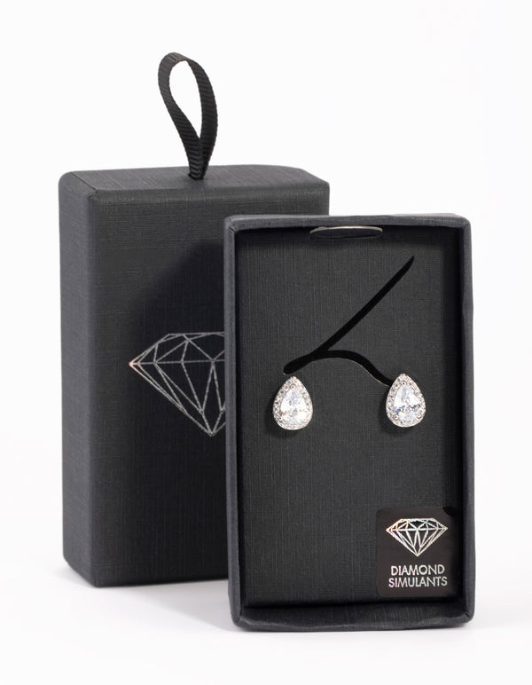 Silver Cubic Zirconia Pear Halo Stud Earrings