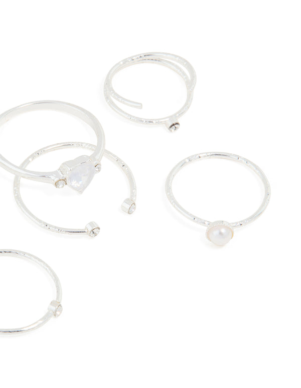 Silver Dainty Diamante & Pearl Ring Pack