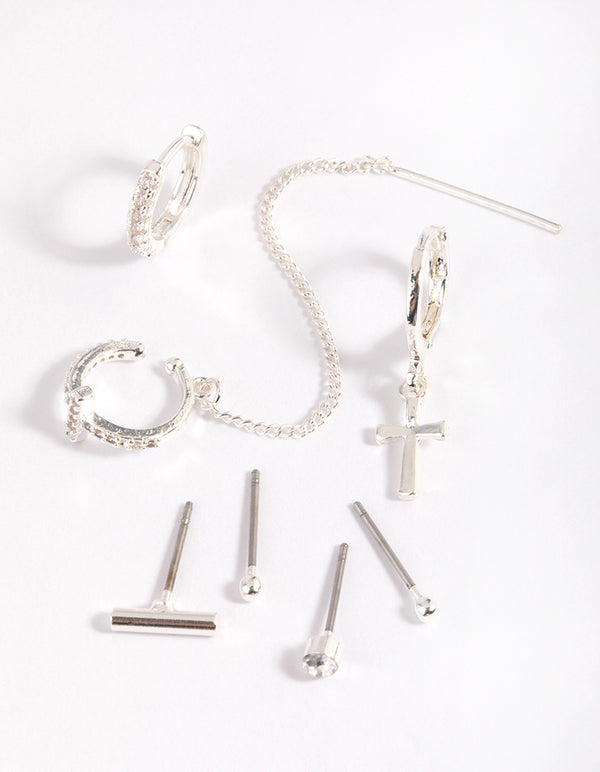Silver Plated Brass Chain Cross Earring Stack 8-Pack