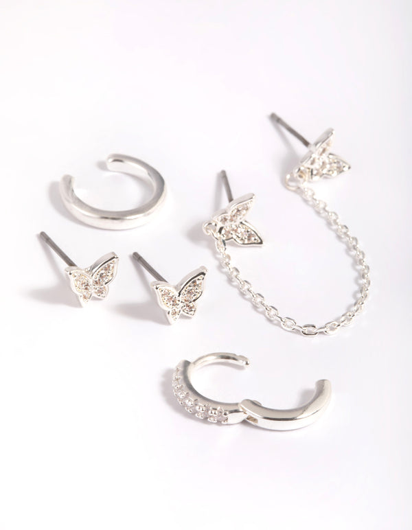 Silver Plated Brass Butterfly Chain Earring Stack 6-Pack