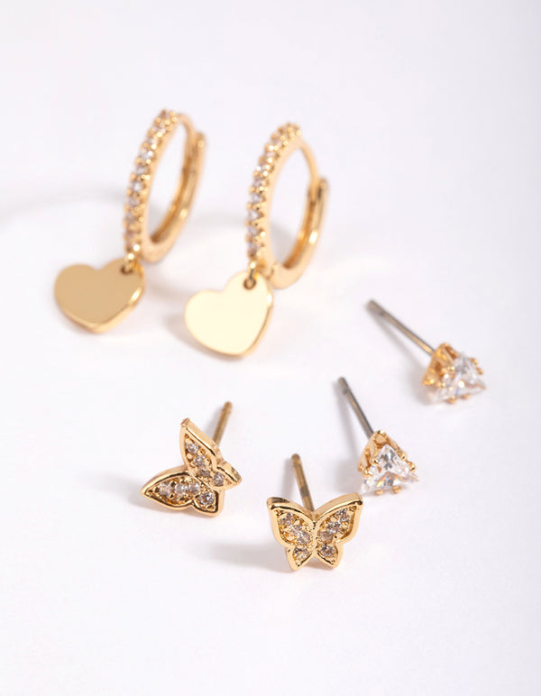 Gold Plated Brass Butterfly & Heart Earring Stack 6-Pack
