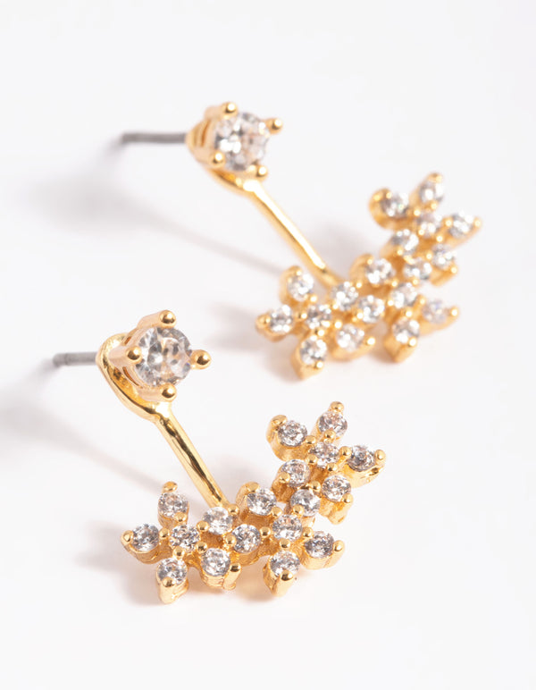 Gold Plated Brass Cubic Zirconia Flower Jacket Earrings