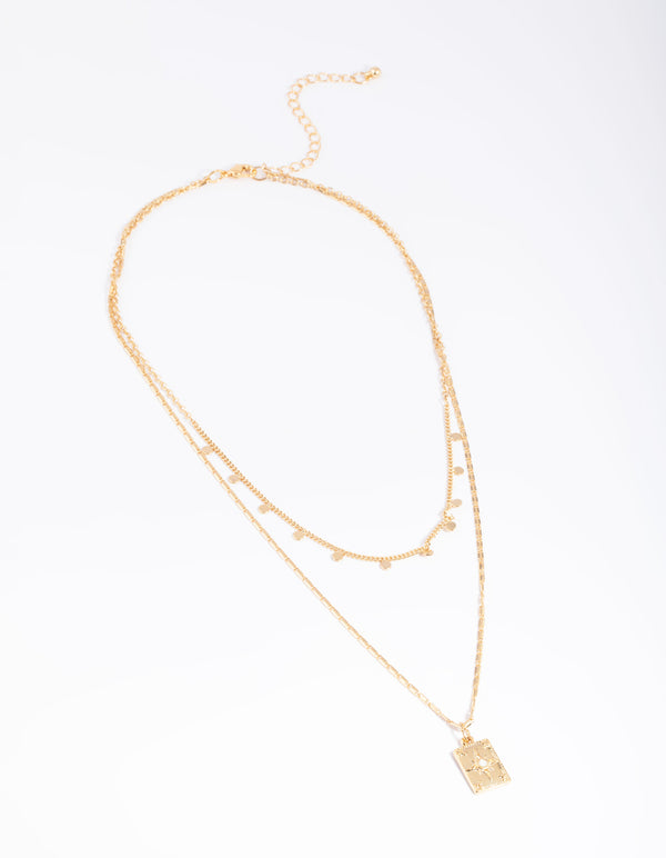 Gold Plated Disc Pendant Layered Necklace