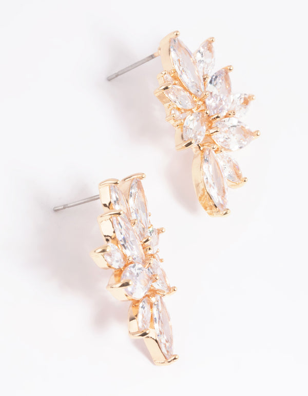 Gold Cubic Zirconia Navette Stud Earrings