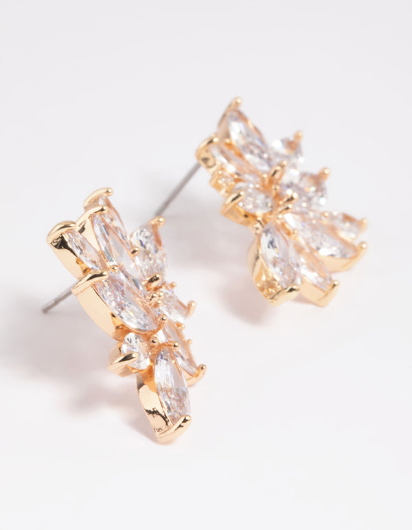 Gold Cubic Zirconia Navette Stud Earrings
