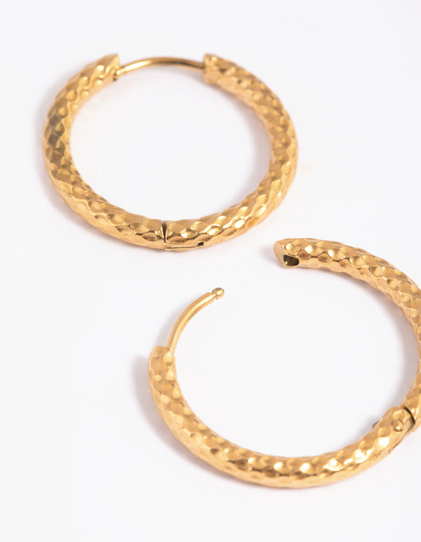 Waterproof Gold Plated Stainless Steel Textured Huggie Hoop Earrings