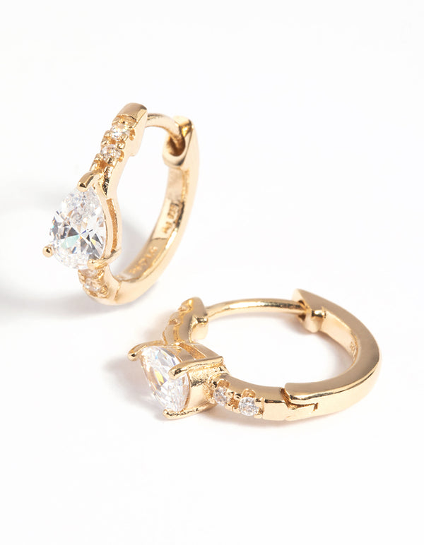 Gold Plated Sterling Silver Cubic Zirconia Marquise Huggie Hoop Earrings