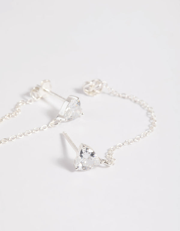 Sterling Silver Cubic Zirconia Heart Chain Stud Earrings